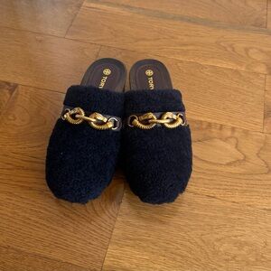 Tory Burch Black Mules with Gold Chain